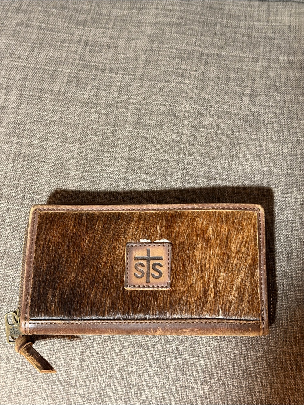 STS Ranchwear Brown Hair-On Leather Zip Card Wallet with Logo
